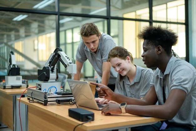 High school students are working on a robotics project in a well-equipped lab. They are collaborating, programming a robot, and troubleshooting technical issues. The focus is on hands-on STEM education and teamwork.