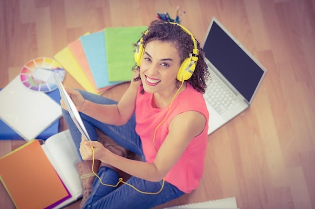 A student wearing headphones and working on a tablet, surrounded by colorful graphics and educational apps, illustrating personalized learning technology.