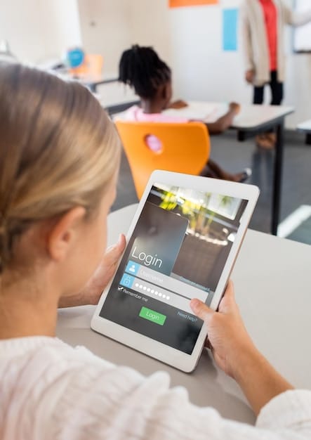 A close-up of a student's tablet screen showing an adaptive learning platform interface. The interface displays personalized learning paths, progress tracking, and interactive exercises tailored to the student's skill level.
