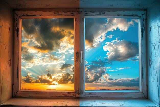 A split image showing an old, inefficient window on one side and a new, energy-efficient window on the other, highlighting the difference in energy conservation.