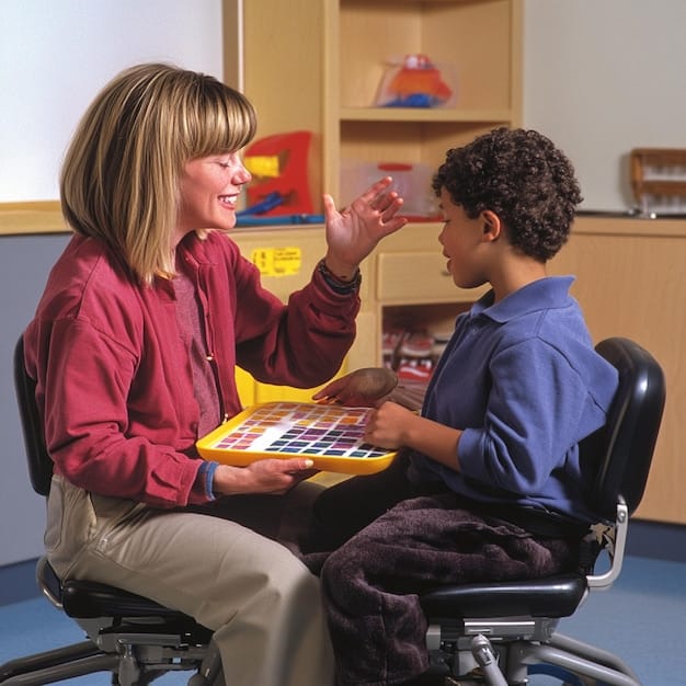 A special education teacher is assisting a student with visual impairments during a standardized test, using adapted materials and assistive technology. The teacher is guiding the student through the test while ensuring they are comfortable and focused. The setting is a quiet, supportive testing environment with necessary accommodations in place.