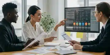 Professionals analyzing employee benefits and compensation plans in an office setting