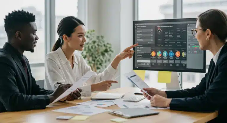 Professionals analyzing employee benefits and compensation plans in an office setting