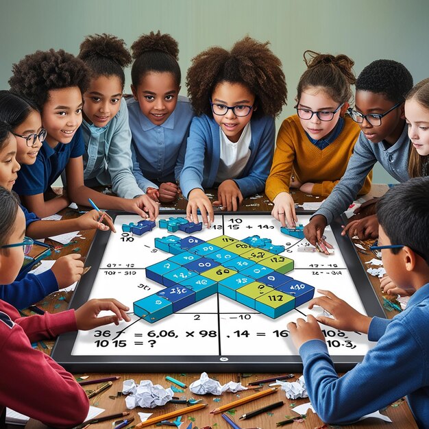 A group of students working together on a complex math problem, using manipulatives and visual aids to understand the concepts. The image highlights collaborative learning and problem-solving skills.