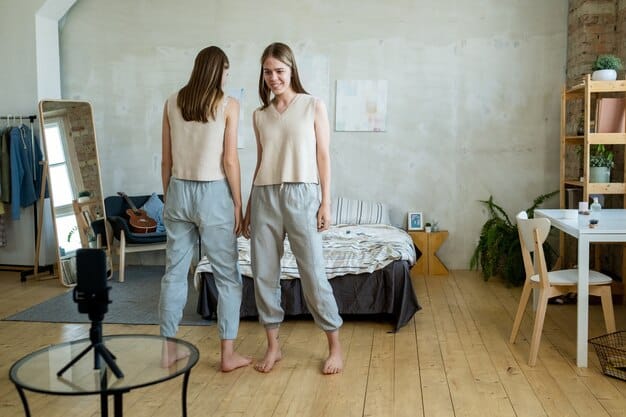 A split-screen image showing both the professional, well-lit studio setup used by a Shein influencer and a candid, unedited phone snapshot of the influencer showing the realities of managing content creation in their own time.