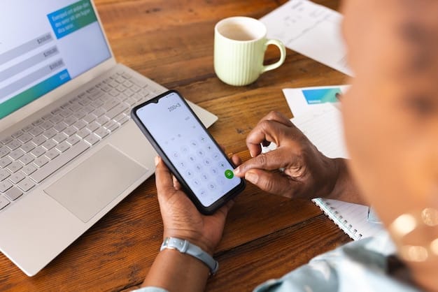 A person making an online payment on their phone, with a calendar in the background showing upcoming bill due dates.