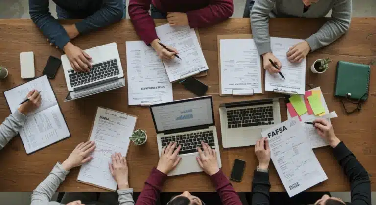 Students completing 2025 FAFSA applications on laptops, surrounded by financial aid documents
