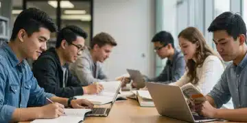 High school students collaboratively studying for National Merit Scholarship