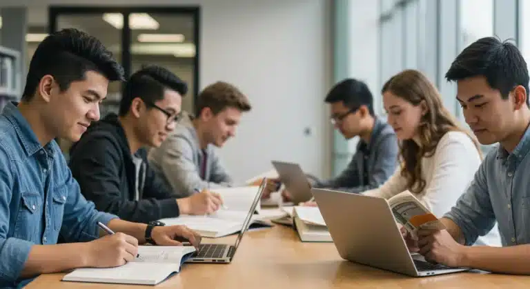 High school students collaboratively studying for National Merit Scholarship