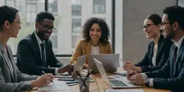 Professionals discussing employee stock purchase plans and investment strategies in a modern office.