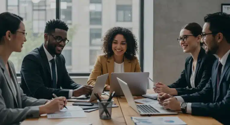 Professionals discussing employee stock purchase plans and investment strategies in a modern office.