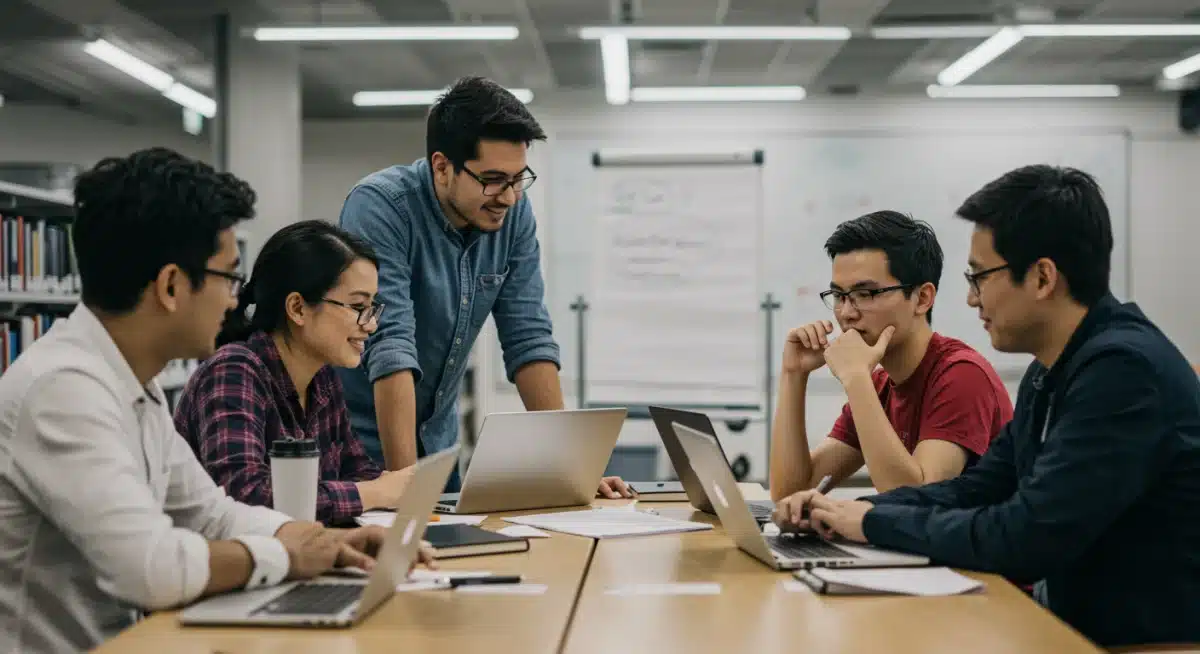 Students collaborating in a university library