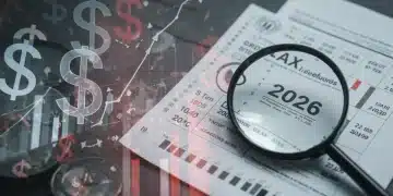 Financial charts and tax documents under a magnifying glass, symbolizing 2026 US tax changes for investors.