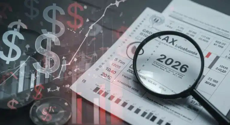Financial charts and tax documents under a magnifying glass, symbolizing 2026 US tax changes for investors.