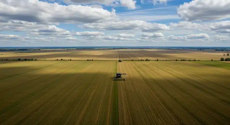 Aerial view of expansive agricultural fields with a combine harvester, representing crop cultivation and harvest.