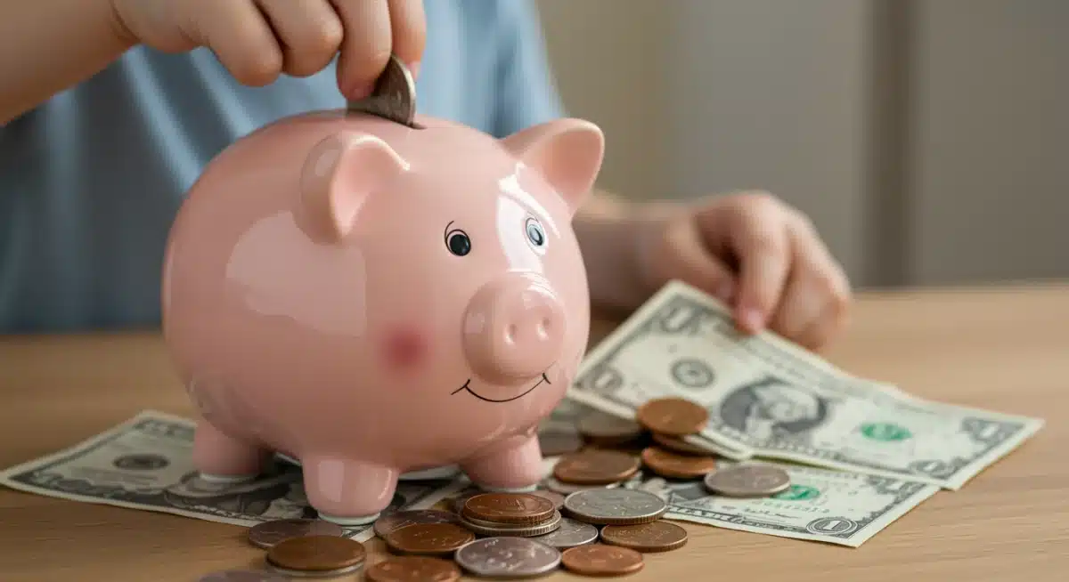 Child putting a coin into a smiling piggy bank