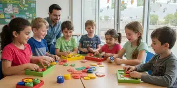 Children learning about money with interactive games and a teacher
