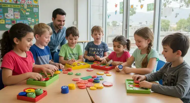 Children learning about money with interactive games and a teacher