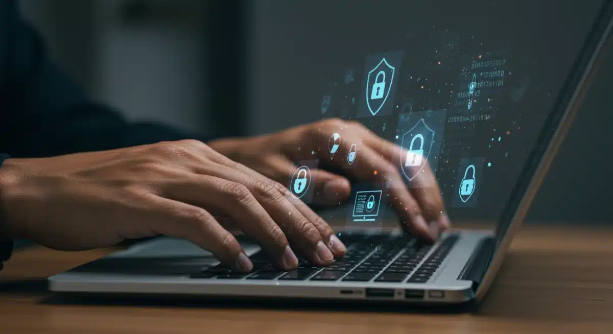 Person typing on laptop with cybersecurity lock icons