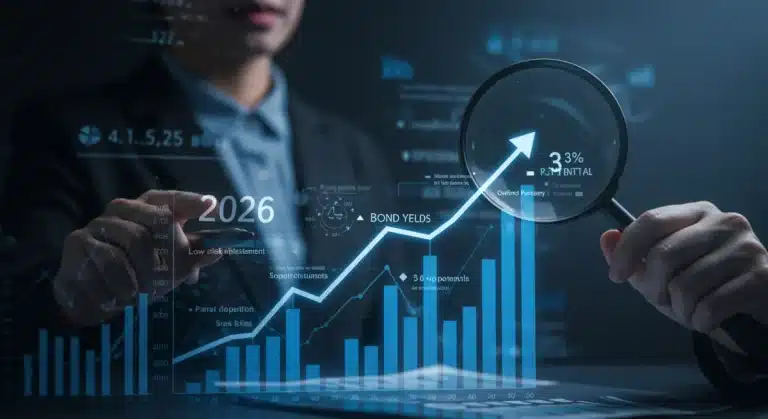 Illustration of a stable bond market with a 3% yield potential, representing low-risk investment opportunities in 2026.