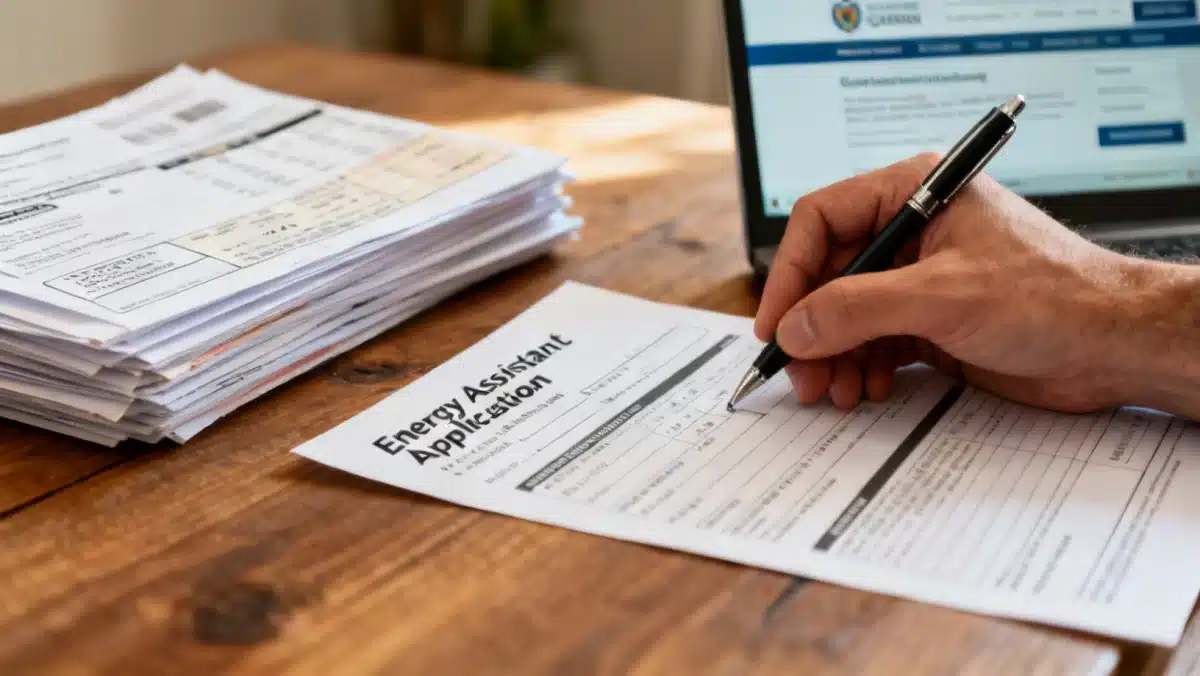 Hand completing energy assistance application form 2026