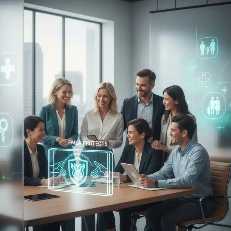 Diverse employees in supportive office setting, symbolizing FMLA protection 2026