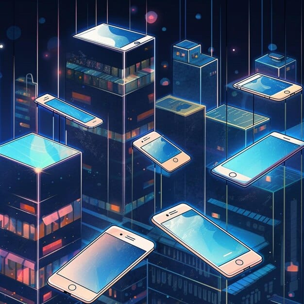 Illustration depicting digital data flowing from a smartphone device towards a large corporate server, with a padlock icon superimposed on the data stream to symbolize data security. The colors are predominantly blues and grays to convey a tech-focused theme.