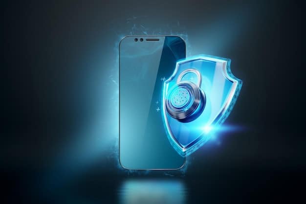 A conceptual image showing a shield protecting a smartphone. The shield has a lock icon on it, symbolizing data protection. The background is blurred to highlight the shield and the phone.