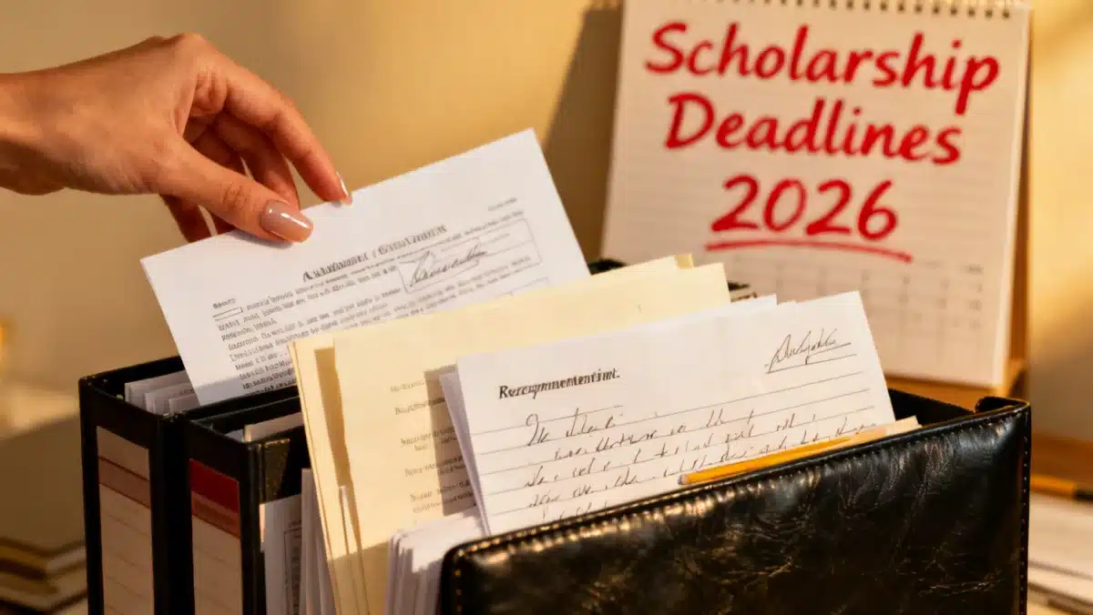 Organized scholarship application materials, including transcripts and recommendation letters.