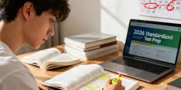Student studying diligently for 2026 standardized tests, surrounded by books and technology.