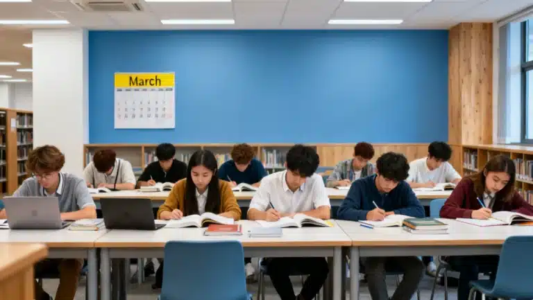 High school students studying for Advanced Placement exams with a calendar showing the March deadline approaching.