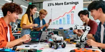 Students engaging with robotics and digital tools in a 2026 CTE program, highlighting future earnings.