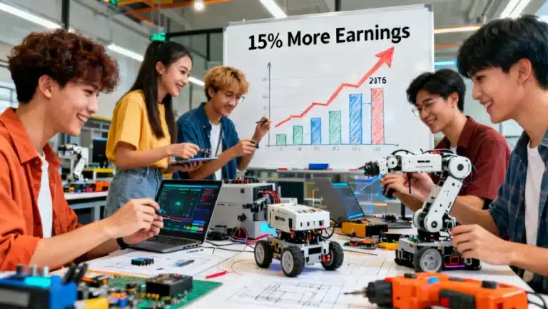 Students engaging with robotics and digital tools in a 2026 CTE program, highlighting future earnings.