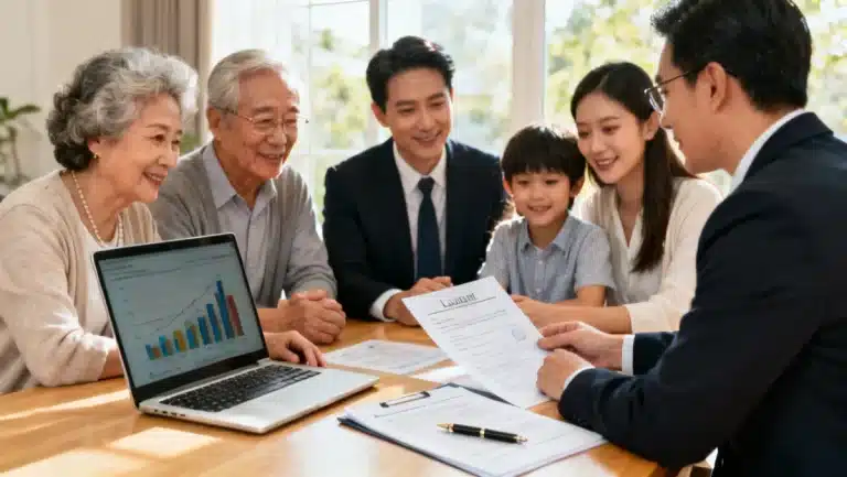 Financial advisor explaining estate planning documents to a diverse family group in 2026.