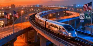 Modern infrastructure with highways, bridges, and rail lines at dusk, symbolizing the new federal spending bill's impact on US development.