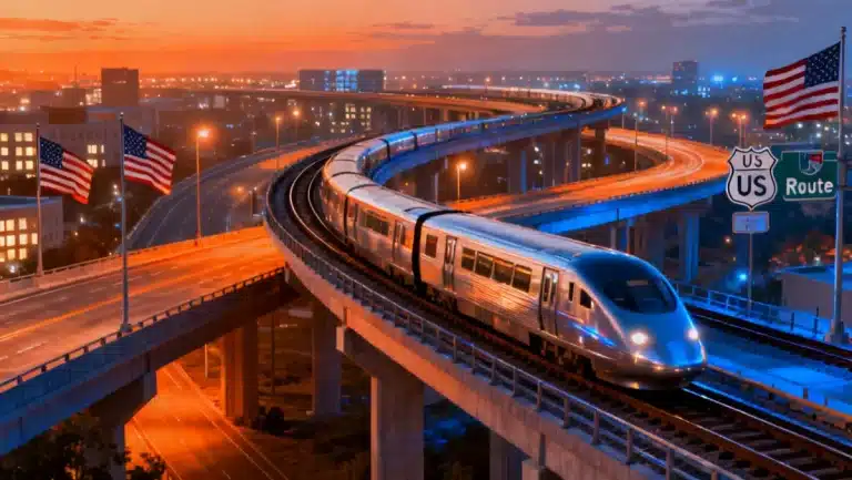 Modern infrastructure with highways, bridges, and rail lines at dusk, symbolizing the new federal spending bill's impact on US development.
