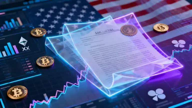 Futuristic digital currency interface with US regulatory overlays
