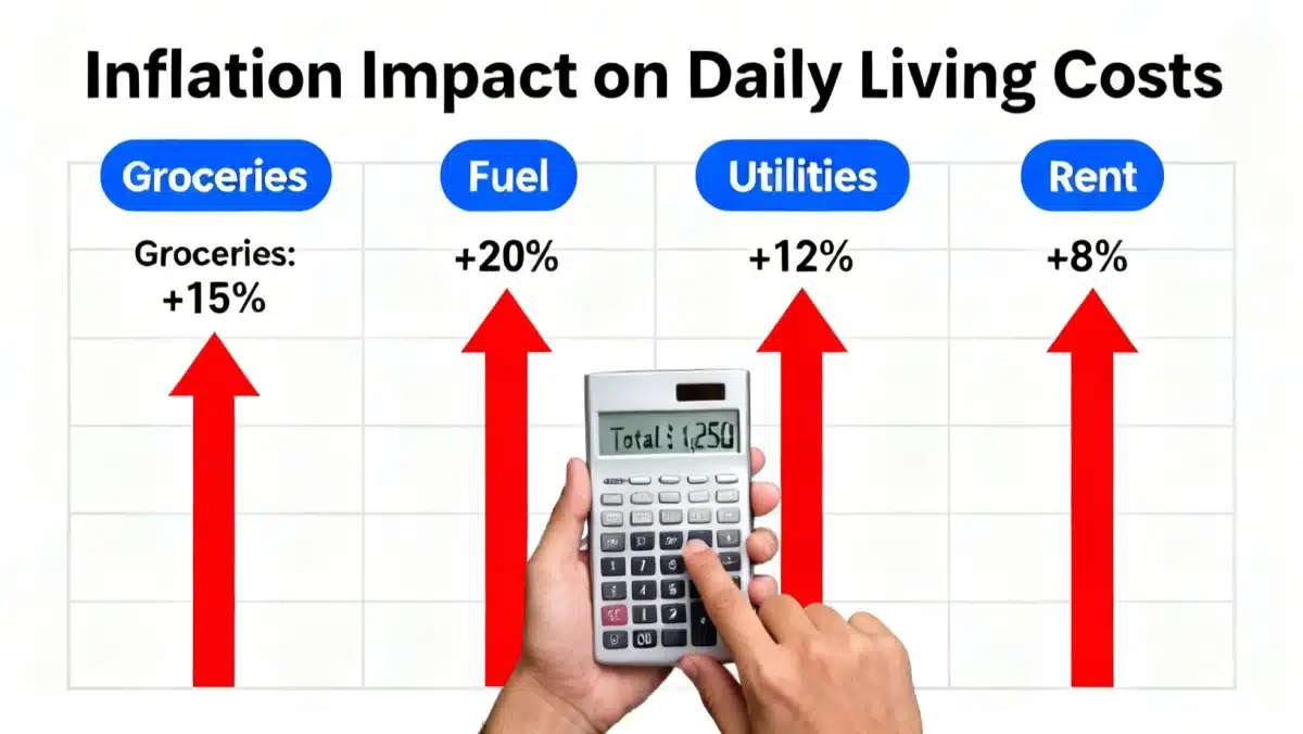 Graphic showing rising household expenses like groceries and fuel, depicting inflation's impact on daily costs.