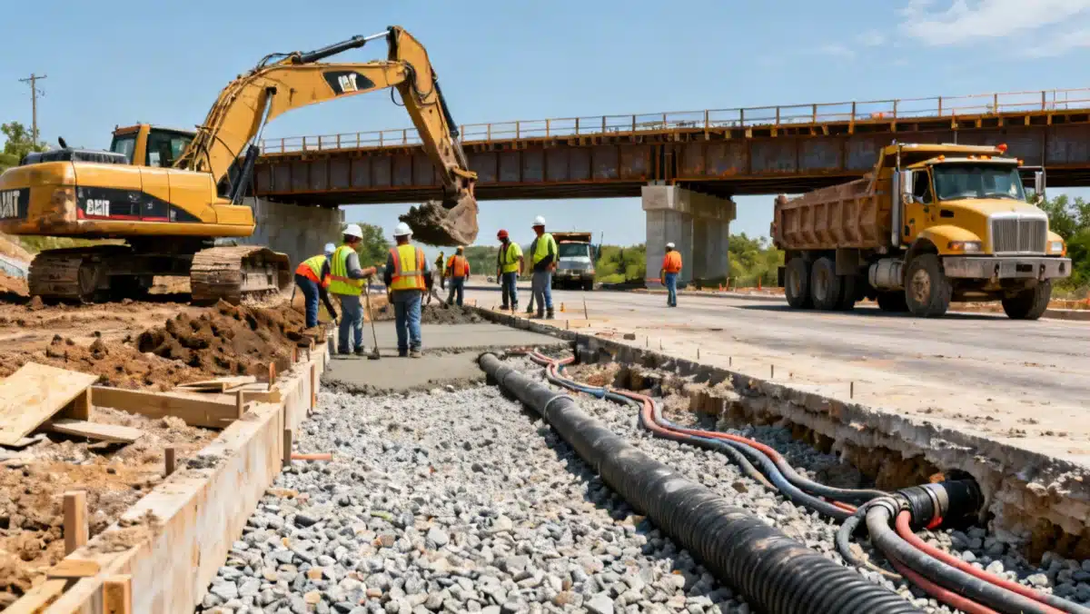 Construction workers and heavy machinery at an infrastructure development site, illustrating the practical application of federal funds.