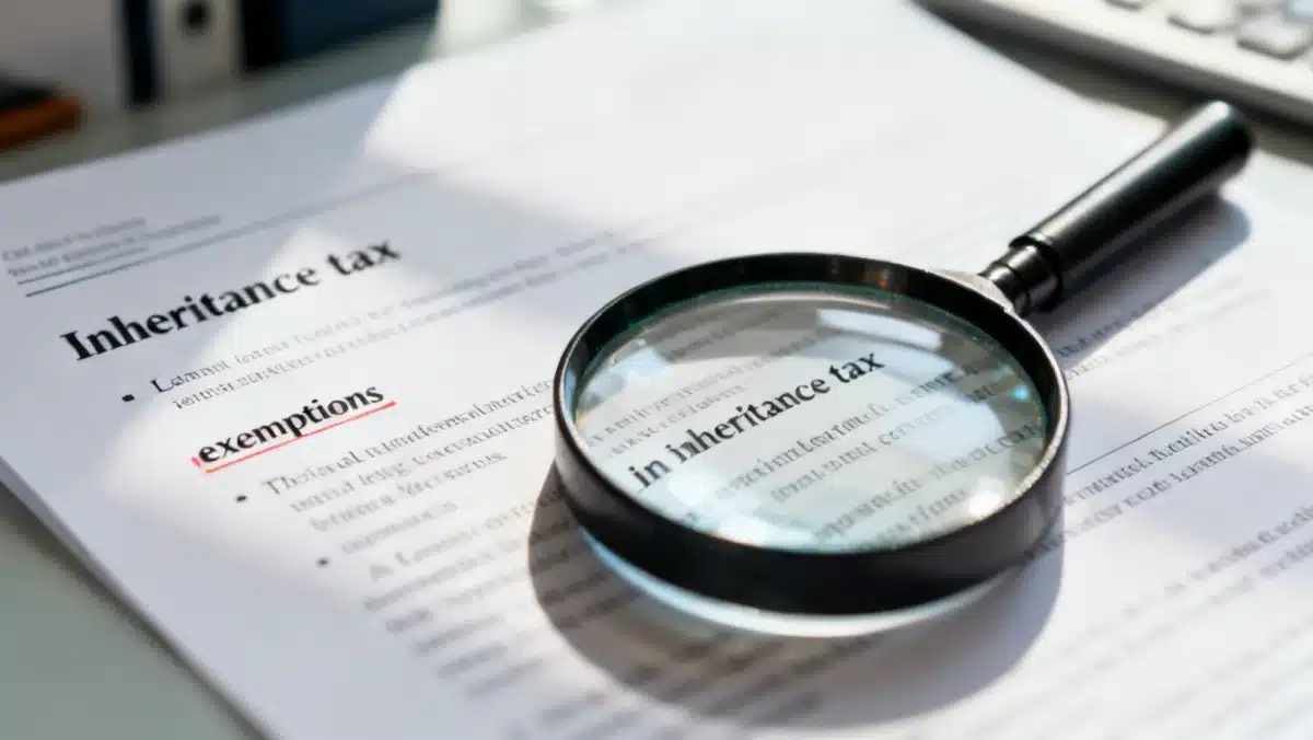 Magnifying glass over legal document detailing inheritance tax exemptions.