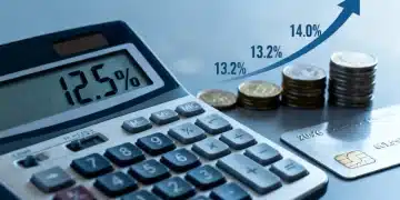 Calculator showing increased personal loan rates with coins and credit card