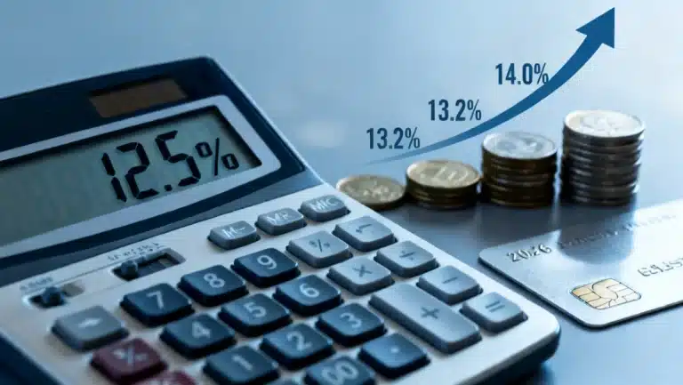 Calculator showing increased personal loan rates with coins and credit card