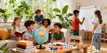 Children engaged in a dynamic homeschooling environment with various learning materials.