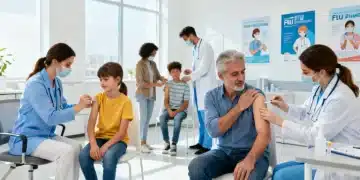 Diverse individuals receiving flu shots in a clinic, emphasizing early vaccination for the 2026 flu season.