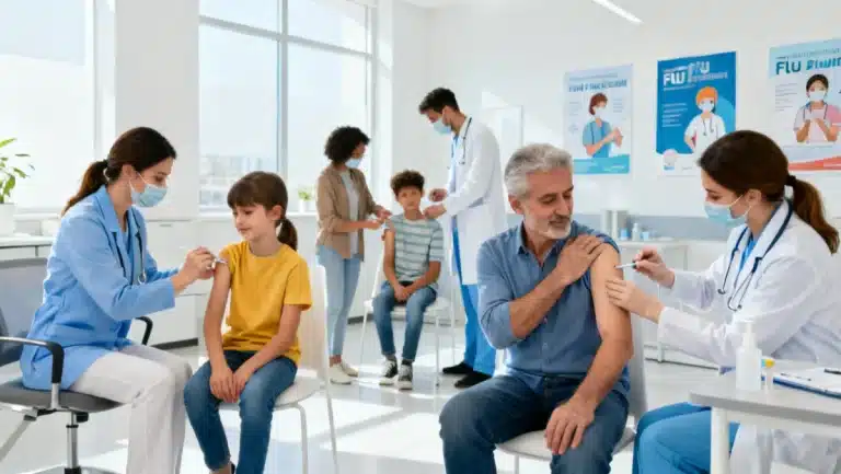 Diverse individuals receiving flu shots in a clinic, emphasizing early vaccination for the 2026 flu season.