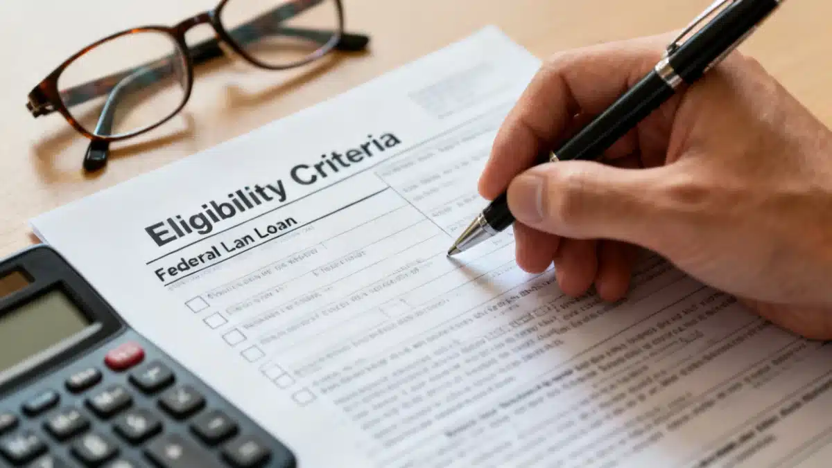 Hand filling out federal loan application form with eligibility criteria