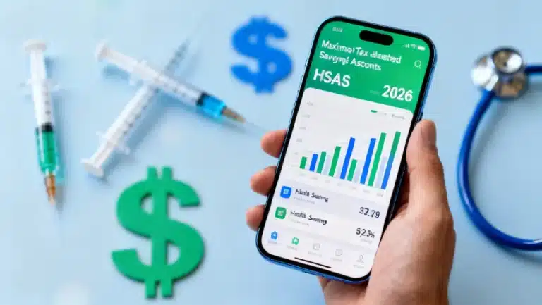 Hand holding smartphone showing HSA financial data, symbolizing tax-advantaged savings.