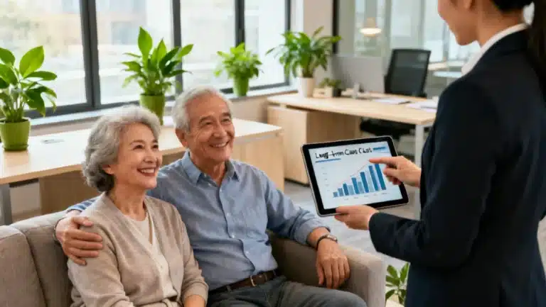 Financial planner discussing long-term care benefits with an elderly couple