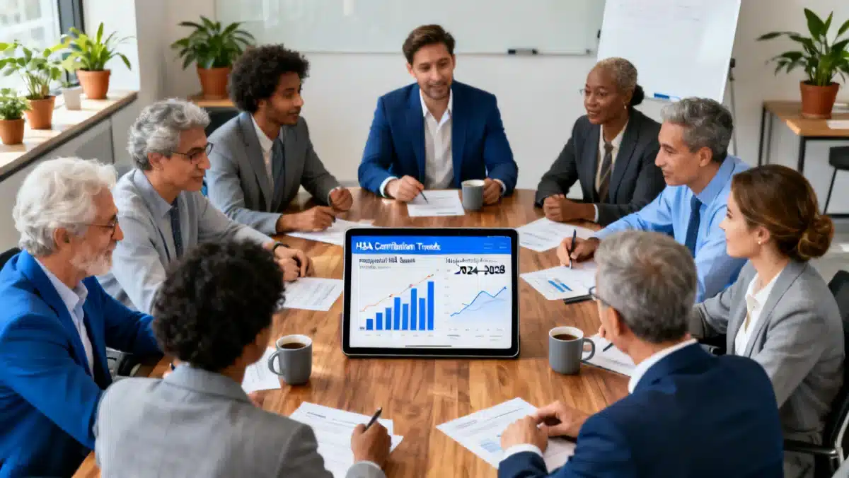 Professionals analyzing financial projections for HSA strategies.