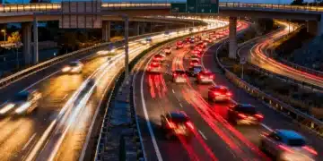 Modern highway at dusk with car lights, illustrating the need for transportation safety guidelines.